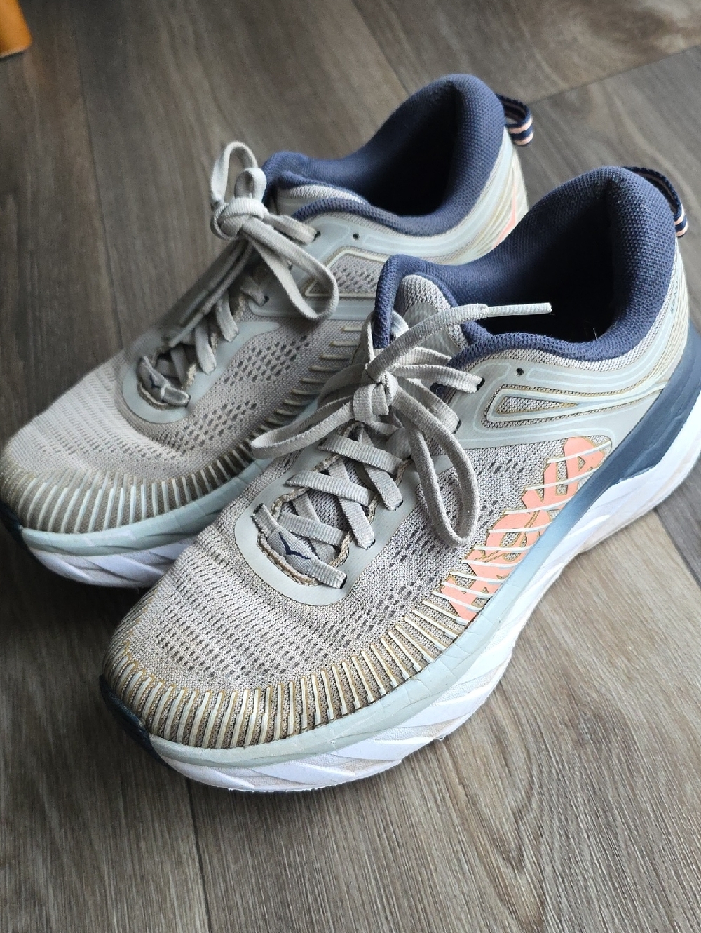 Hoka One One Women's Beige and Navy Athletic Running Shoes with Peach Accents